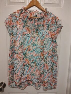 Cato Floral Swirl Short Sleeve Blouse - Teal, Coral, Peach
